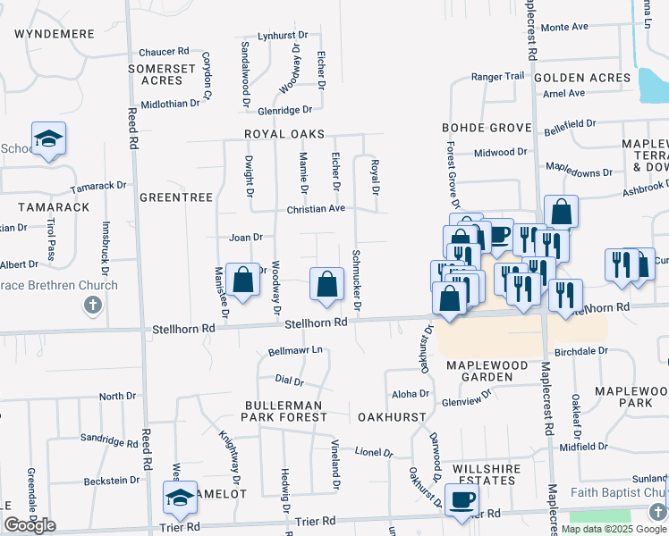 map of restaurants, bars, coffee shops, grocery stores, and more near 4563 Eicher Drive in Fort Wayne