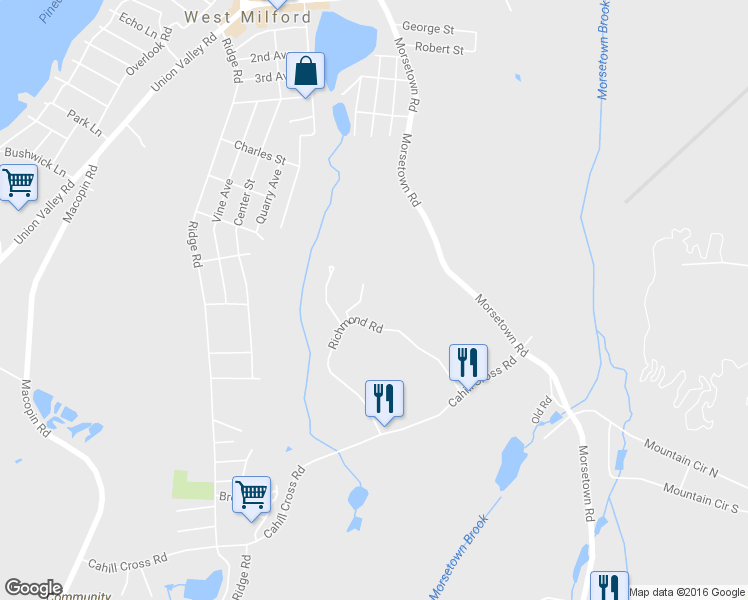 map of restaurants, bars, coffee shops, grocery stores, and more near 9110 Richmond Road in West Milford