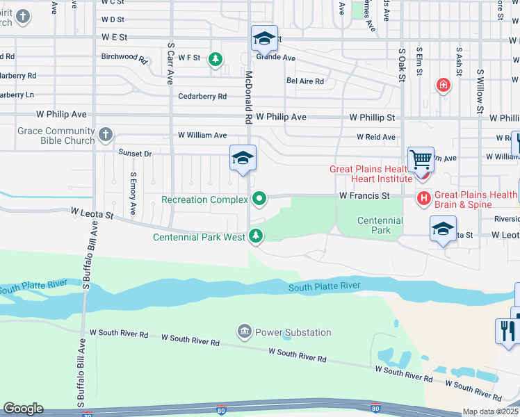 map of restaurants, bars, coffee shops, grocery stores, and more near 1300 McDonald Road in North Platte
