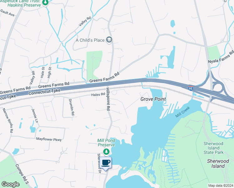 map of restaurants, bars, coffee shops, grocery stores, and more near 61 Edgewater Commons Lane in Westport