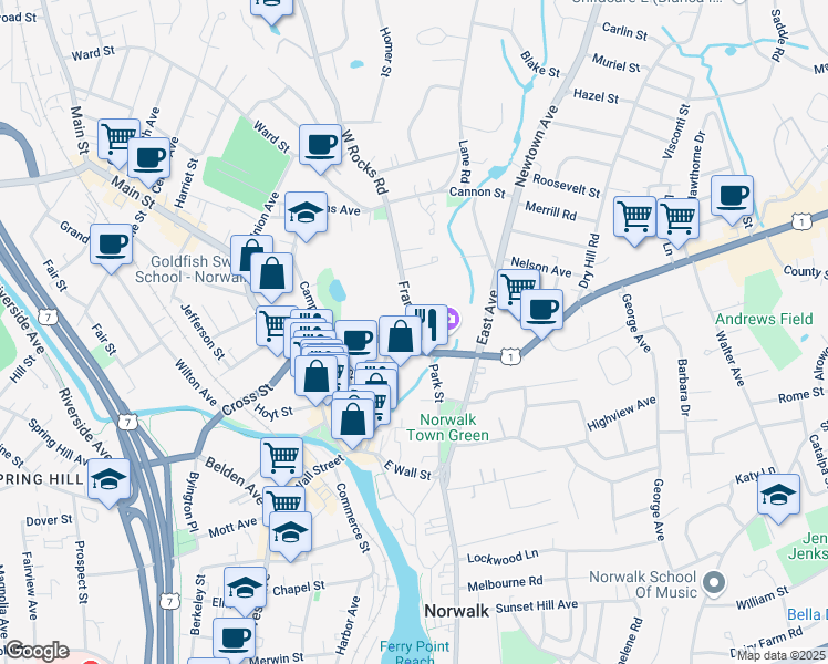 map of restaurants, bars, coffee shops, grocery stores, and more near 1 Father Conlon Place in Norwalk