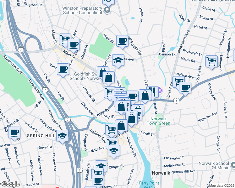map of restaurants, bars, coffee shops, grocery stores, and more near 4 Camp Street in Norwalk