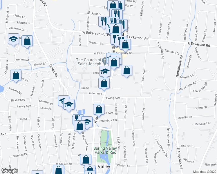 map of restaurants, bars, coffee shops, grocery stores, and more near 198A North Main Street in Spring Valley