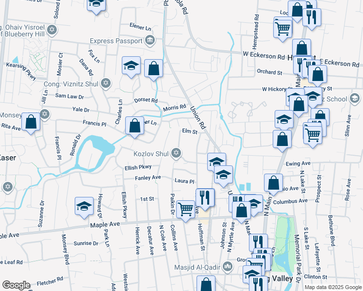 map of restaurants, bars, coffee shops, grocery stores, and more near 10 Elm Street in Spring Valley