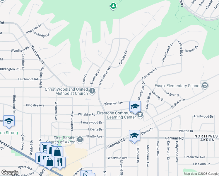 map of restaurants, bars, coffee shops, grocery stores, and more near in Akron