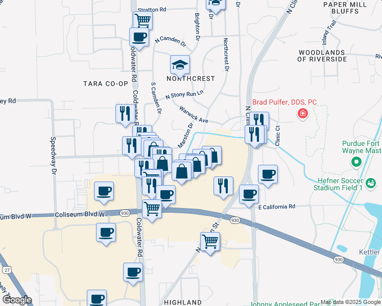 map of restaurants, bars, coffee shops, grocery stores, and more near 4729 Northcrest Drive in Fort Wayne