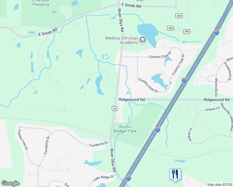 map of restaurants, bars, coffee shops, grocery stores, and more near 5588 River Styx Road in Medina