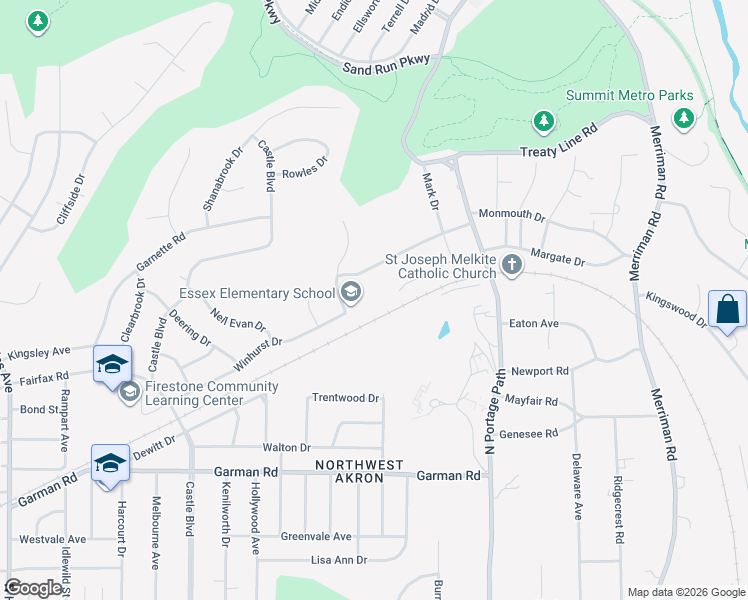 map of restaurants, bars, coffee shops, grocery stores, and more near 1160 Winhurst Drive in Akron
