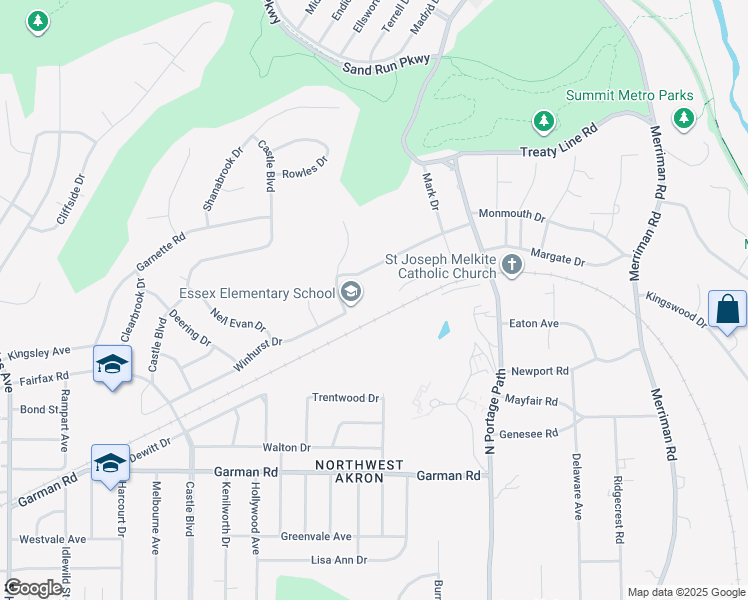 map of restaurants, bars, coffee shops, grocery stores, and more near 1160 Winhurst Drive in Akron