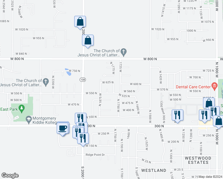 map of restaurants, bars, coffee shops, grocery stores, and more near 587 North 1775 West in West Point
