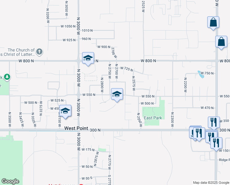 map of restaurants, bars, coffee shops, grocery stores, and more near 563 North 2700 West in West Point