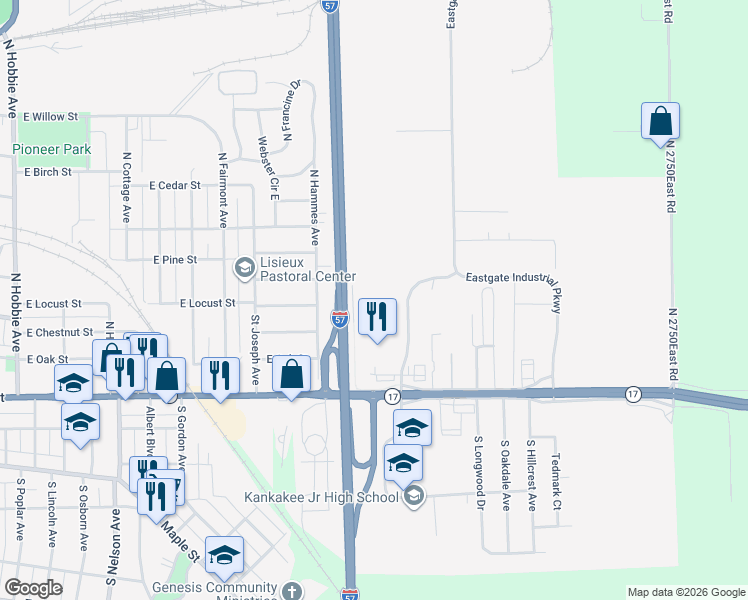 map of restaurants, bars, coffee shops, grocery stores, and more near 200 North Crestlane Drive in Kankakee