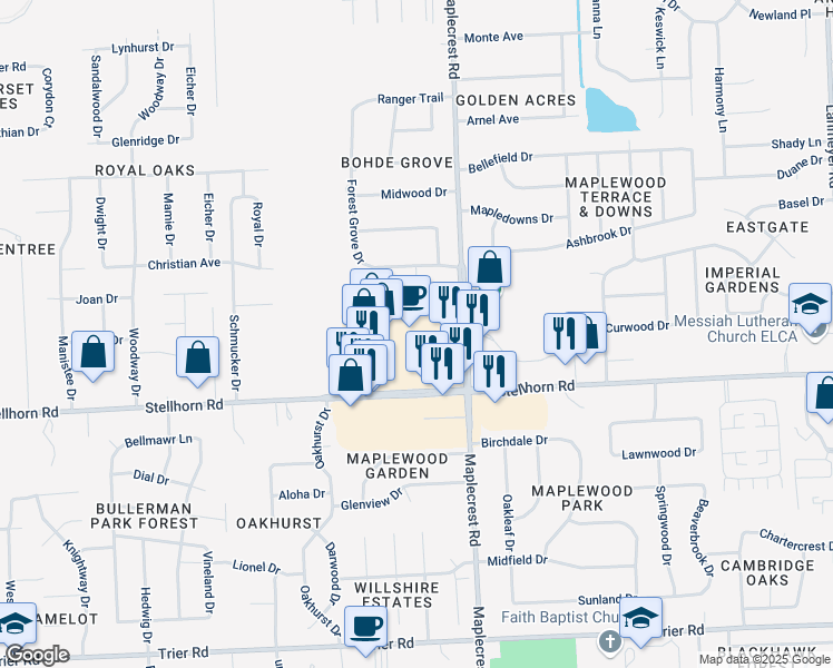 map of restaurants, bars, coffee shops, grocery stores, and more near 6119 Stellhorn Road in Fort Wayne