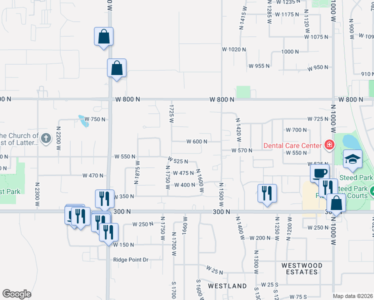 map of restaurants, bars, coffee shops, grocery stores, and more near 1652 West 560 North in Clinton