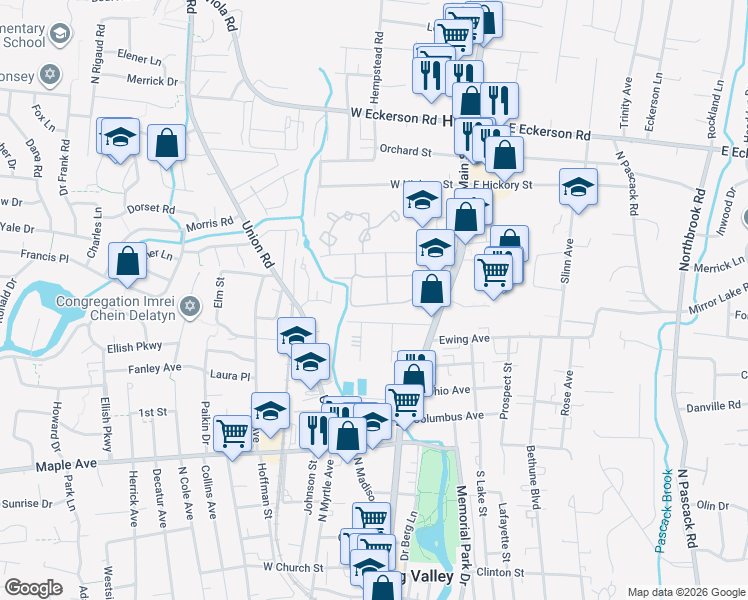 map of restaurants, bars, coffee shops, grocery stores, and more near 253 Sneden Place West in Spring Valley