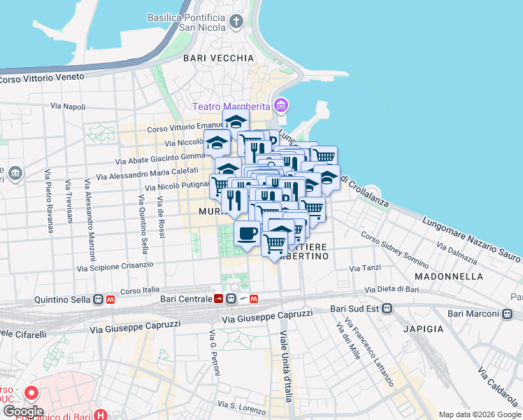 map of restaurants, bars, coffee shops, grocery stores, and more near 98 Via Melo da Bari in Bari