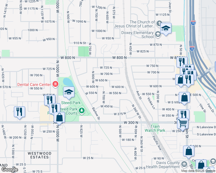 map of restaurants, bars, coffee shops, grocery stores, and more near 690 West 650 North in Clearfield