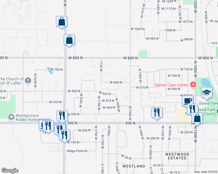 map of restaurants, bars, coffee shops, grocery stores, and more near 1639 West 600 North in Clinton