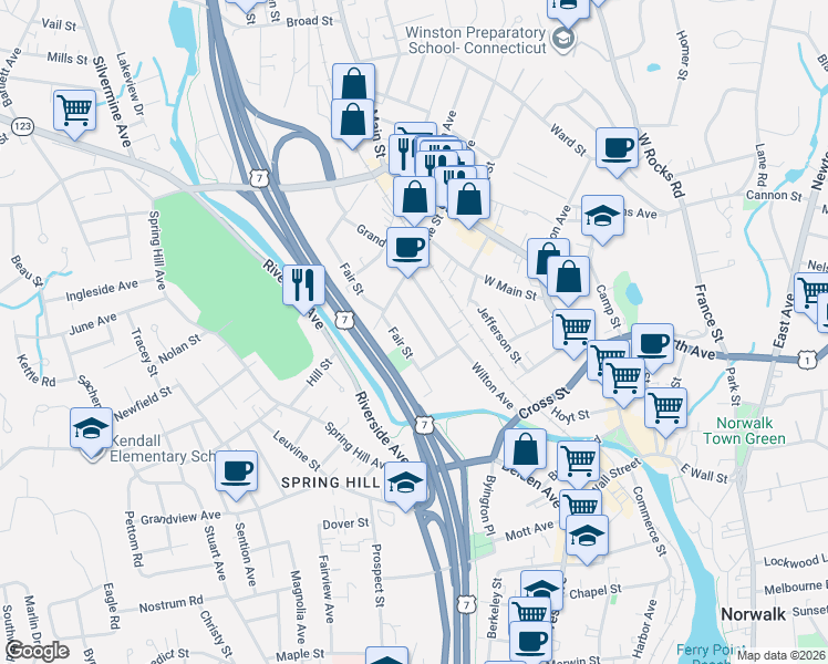map of restaurants, bars, coffee shops, grocery stores, and more near 18 Lounsbury Avenue in Norwalk