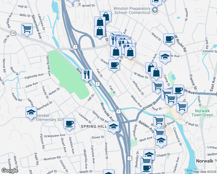 map of restaurants, bars, coffee shops, grocery stores, and more near 35 Catherine Street in Norwalk