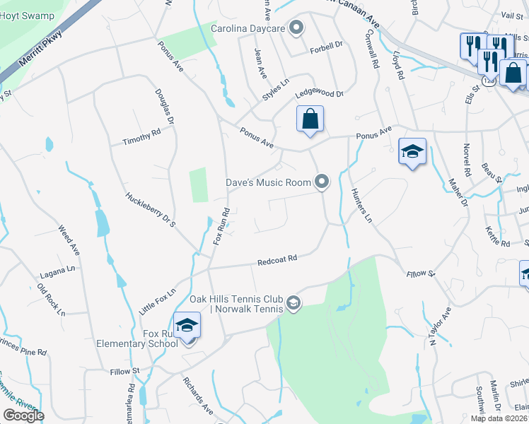 map of restaurants, bars, coffee shops, grocery stores, and more near 1 Coachmans Court in Norwalk