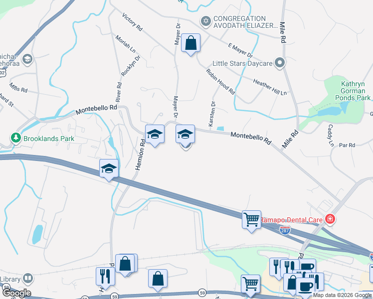 map of restaurants, bars, coffee shops, grocery stores, and more near 50 Montebello Road in Suffern