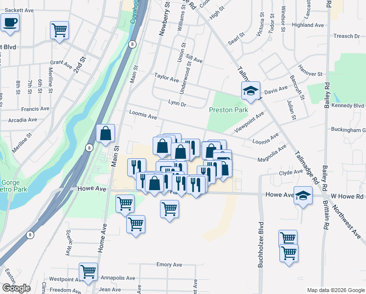 map of restaurants, bars, coffee shops, grocery stores, and more near 446 Magnolia Avenue in Cuyahoga Falls