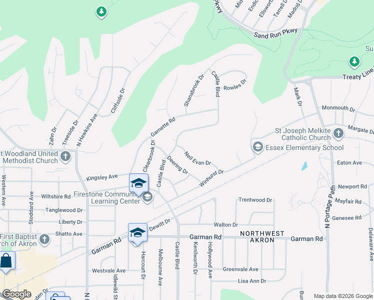 map of restaurants, bars, coffee shops, grocery stores, and more near 1435 Neil Evan Drive in Akron