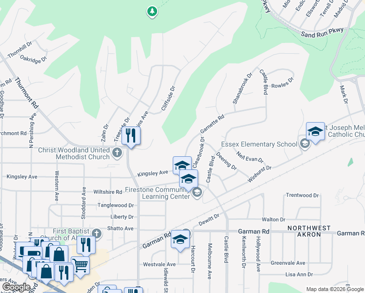 map of restaurants, bars, coffee shops, grocery stores, and more near 490 Garnette Road in Akron