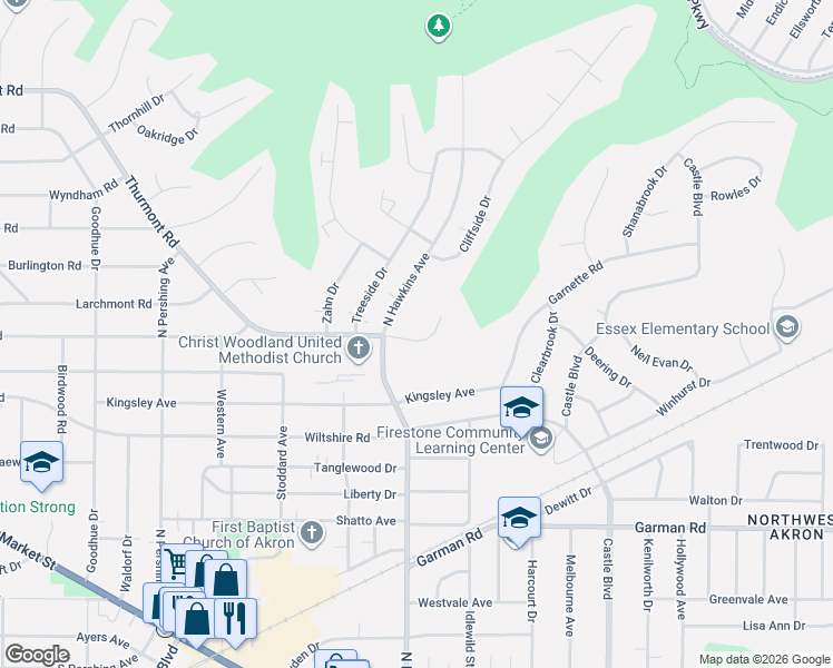 map of restaurants, bars, coffee shops, grocery stores, and more near 2023 Thurmont Road in Akron