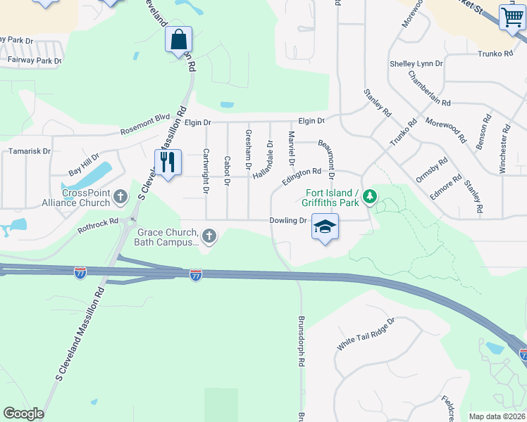map of restaurants, bars, coffee shops, grocery stores, and more near 493 Gresham Drive in Fairlawn