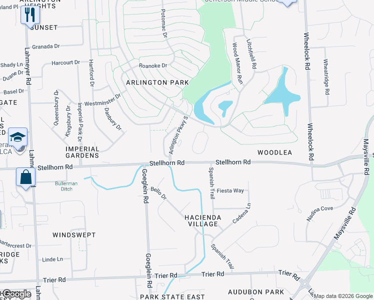 map of restaurants, bars, coffee shops, grocery stores, and more near 4503 West Shenandoah Circle in Fort Wayne
