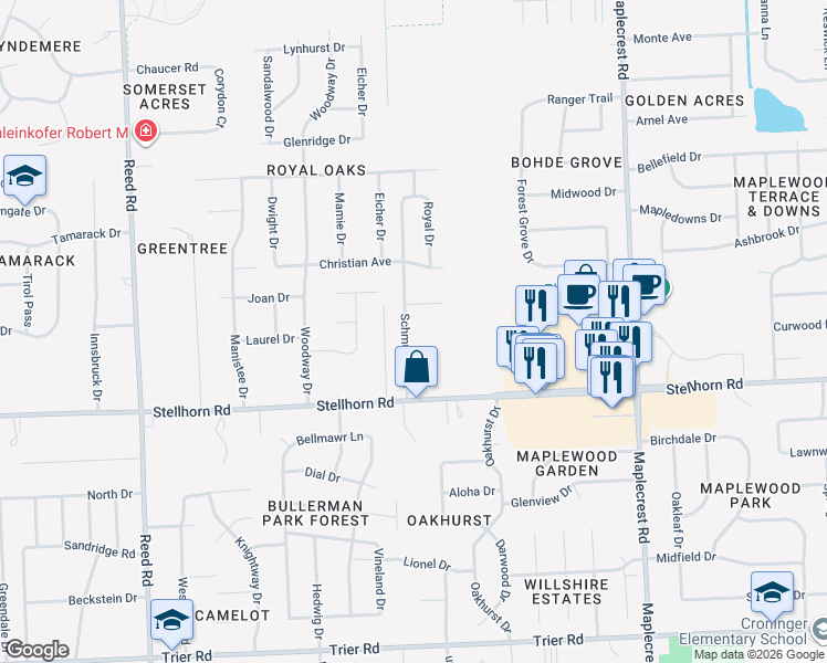 map of restaurants, bars, coffee shops, grocery stores, and more near 5734 Leeds Lane in Fort Wayne