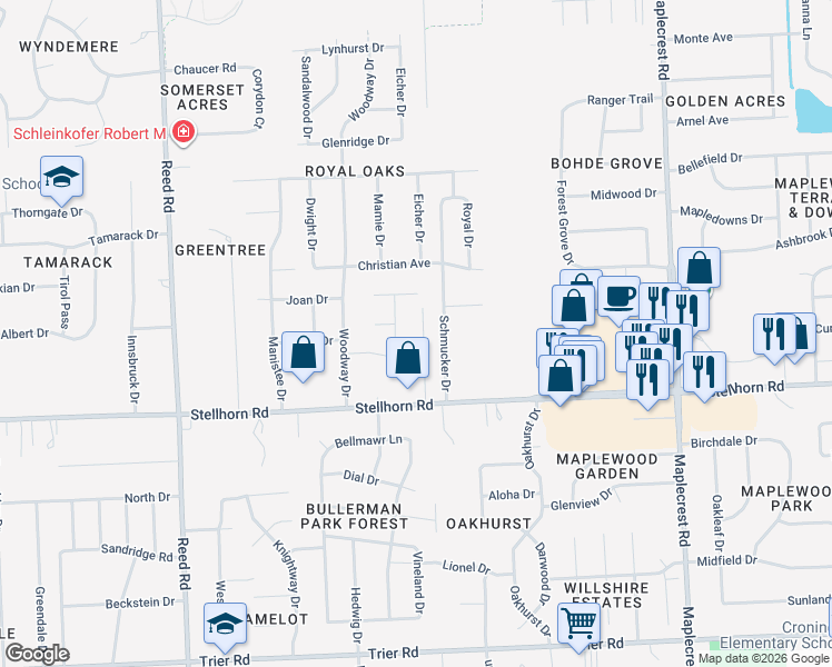 map of restaurants, bars, coffee shops, grocery stores, and more near 4633 Schmucker Drive in Fort Wayne