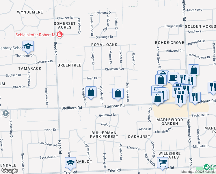 map of restaurants, bars, coffee shops, grocery stores, and more near 4618 Woodway Drive in Fort Wayne