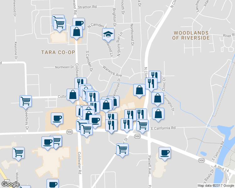 map of restaurants, bars, coffee shops, grocery stores, and more near 921 Northcrest Shopping Center in Fort Wayne