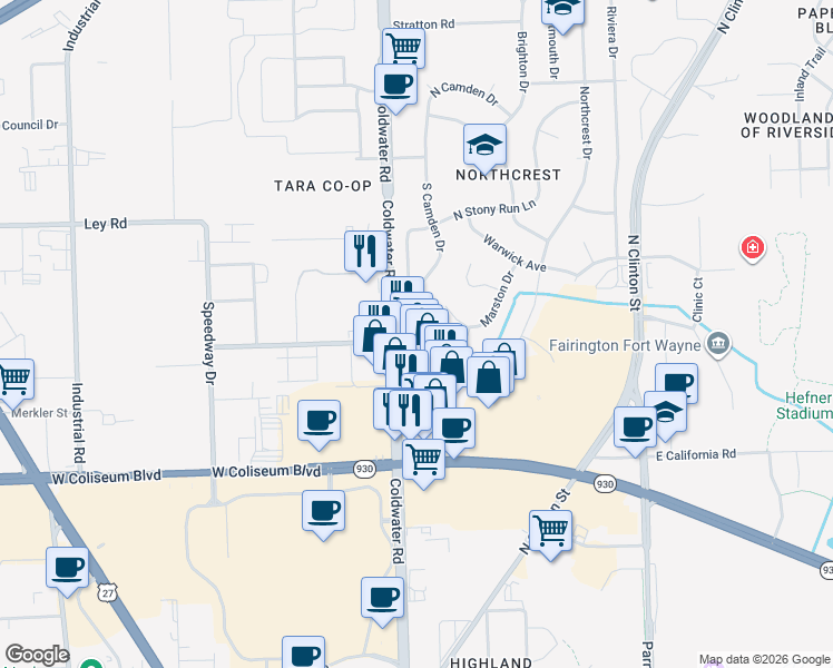 map of restaurants, bars, coffee shops, grocery stores, and more near 423 East Camden Drive in Fort Wayne