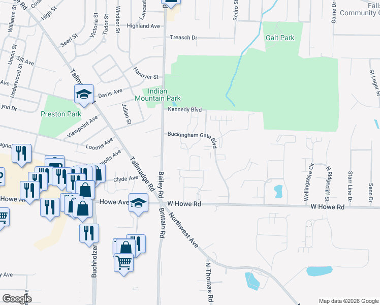 map of restaurants, bars, coffee shops, grocery stores, and more near 1432 Buckingham Gate Boulevard in Cuyahoga Falls