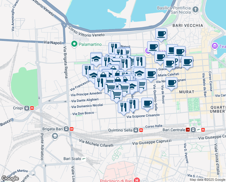 map of restaurants, bars, coffee shops, grocery stores, and more near 22 Via Giovanni Bovio in Bari