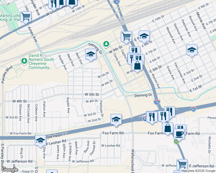 map of restaurants, bars, coffee shops, grocery stores, and more near 520 Thomes Avenue in Cheyenne