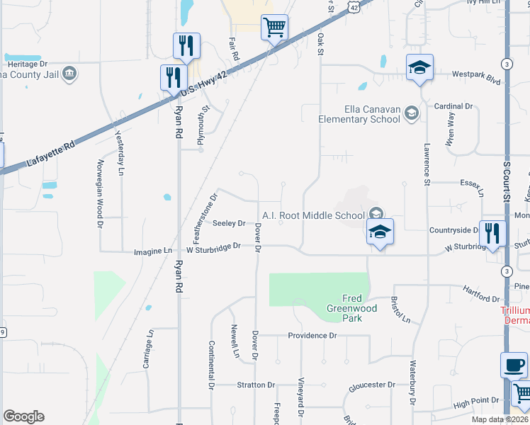 map of restaurants, bars, coffee shops, grocery stores, and more near 1094 Dover Street in Medina