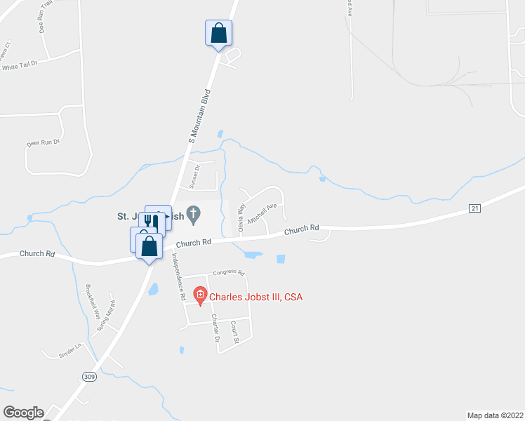 map of restaurants, bars, coffee shops, grocery stores, and more near 208 Austin Lane in Mountain Top