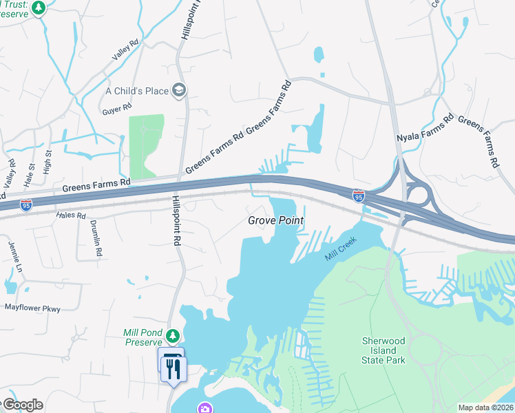 map of restaurants, bars, coffee shops, grocery stores, and more near 73 Grove Point in Westport