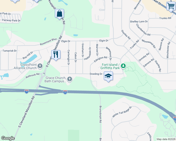 map of restaurants, bars, coffee shops, grocery stores, and more near 493 Gresham Drive in Fairlawn