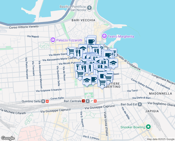 map of restaurants, bars, coffee shops, grocery stores, and more near 136 Via Sparano da Bari in Bari