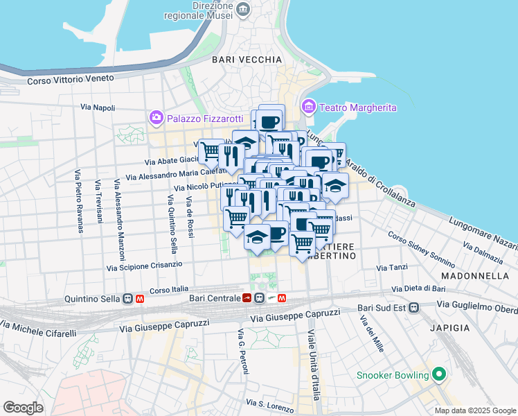 map of restaurants, bars, coffee shops, grocery stores, and more near 136 Via Sparano da Bari in Bari
