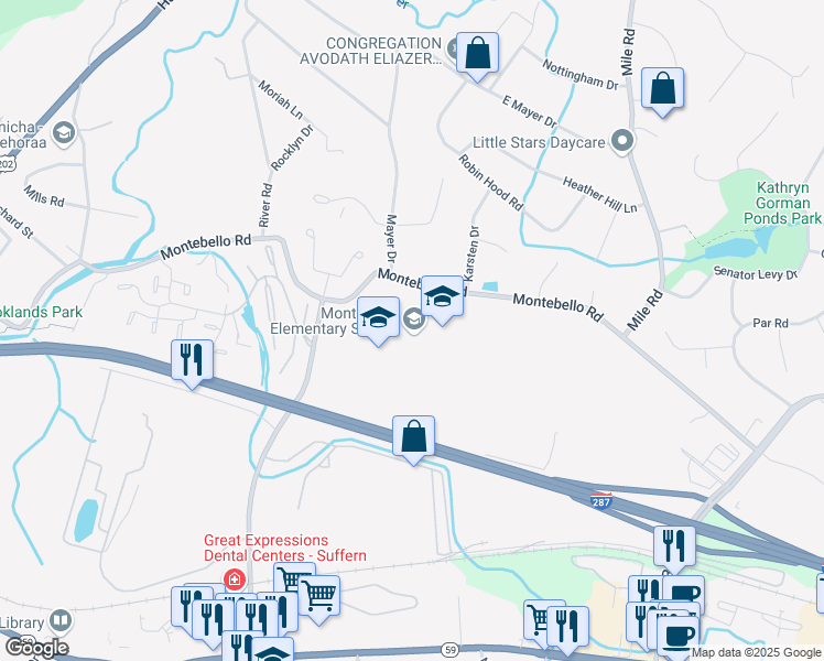 map of restaurants, bars, coffee shops, grocery stores, and more near 50 Montebello Road in Suffern
