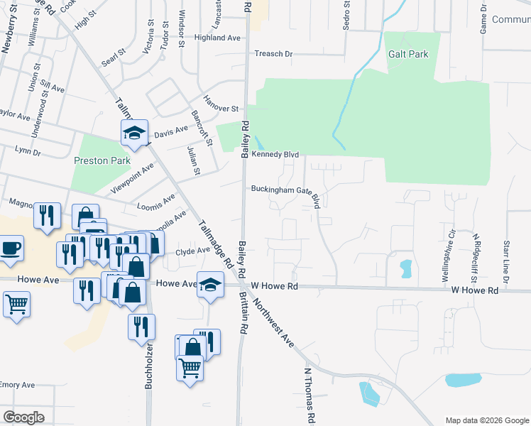 map of restaurants, bars, coffee shops, grocery stores, and more near 1452 Buckingham Gate Boulevard in Cuyahoga Falls