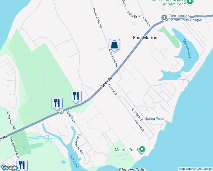 map of restaurants, bars, coffee shops, grocery stores, and more near 6895 Main Road in East Marion
