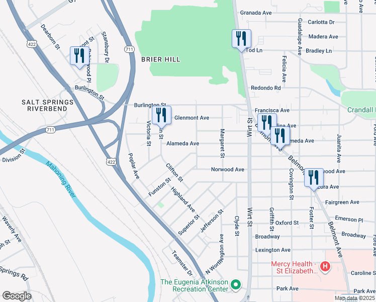 map of restaurants, bars, coffee shops, grocery stores, and more near 1055 Alameda Avenue in Youngstown